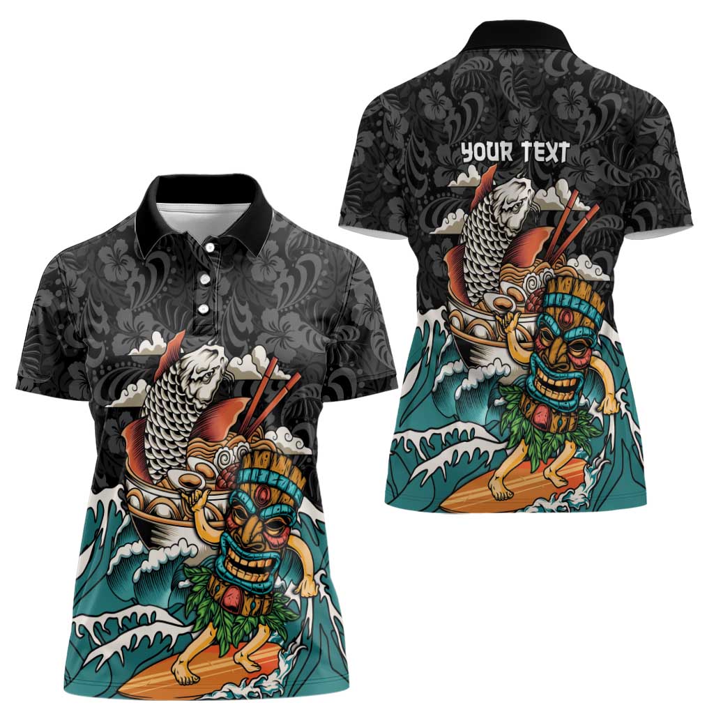Personalized Japanese Koi Fish Ramen Women Polo Shirt Tiki Surfing Wagara Hibiscus Pattern - Wonder Print Shop
