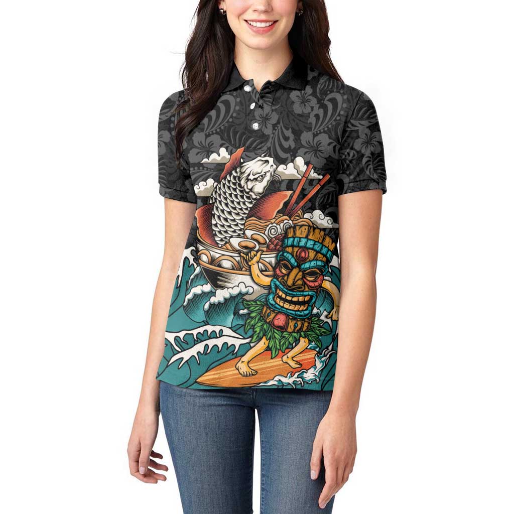 Personalized Japanese Koi Fish Ramen Women Polo Shirt Tiki Surfing Wagara Hibiscus Pattern - Wonder Print Shop
