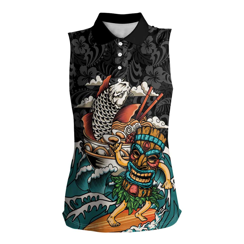 Personalized Japanese Koi Fish Ramen Women Sleeveless Polo Shirt Tiki Surfing Wagara Hibiscus Pattern - Wonder Print Shop