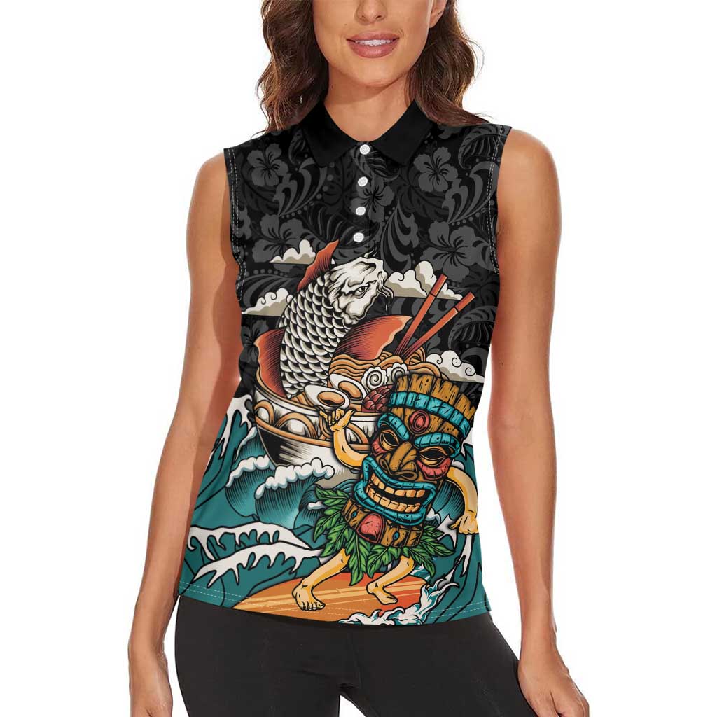 Personalized Japanese Koi Fish Ramen Women Sleeveless Polo Shirt Tiki Surfing Wagara Hibiscus Pattern - Wonder Print Shop