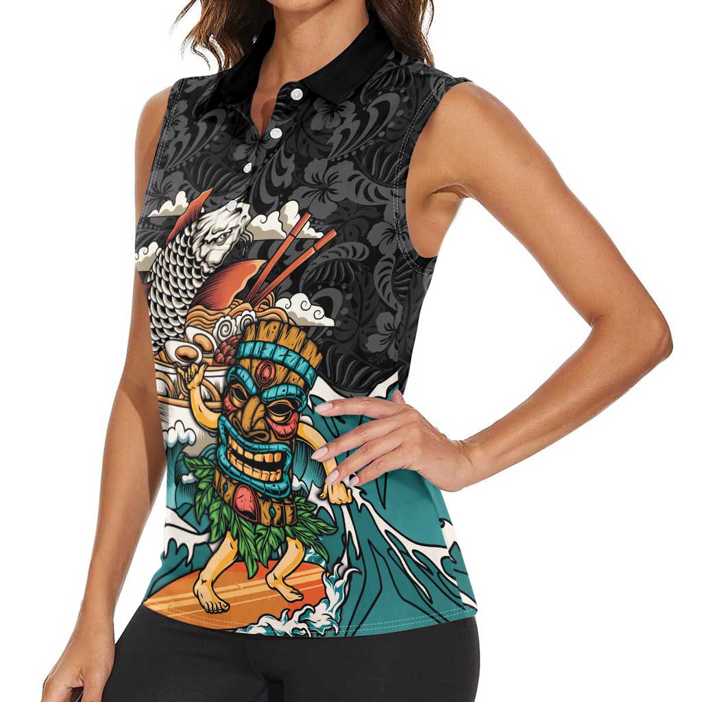 Personalized Japanese Koi Fish Ramen Women Sleeveless Polo Shirt Tiki Surfing Wagara Hibiscus Pattern - Wonder Print Shop