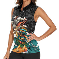 Personalized Japanese Koi Fish Ramen Women Sleeveless Polo Shirt Tiki Surfing Wagara Hibiscus Pattern - Wonder Print Shop
