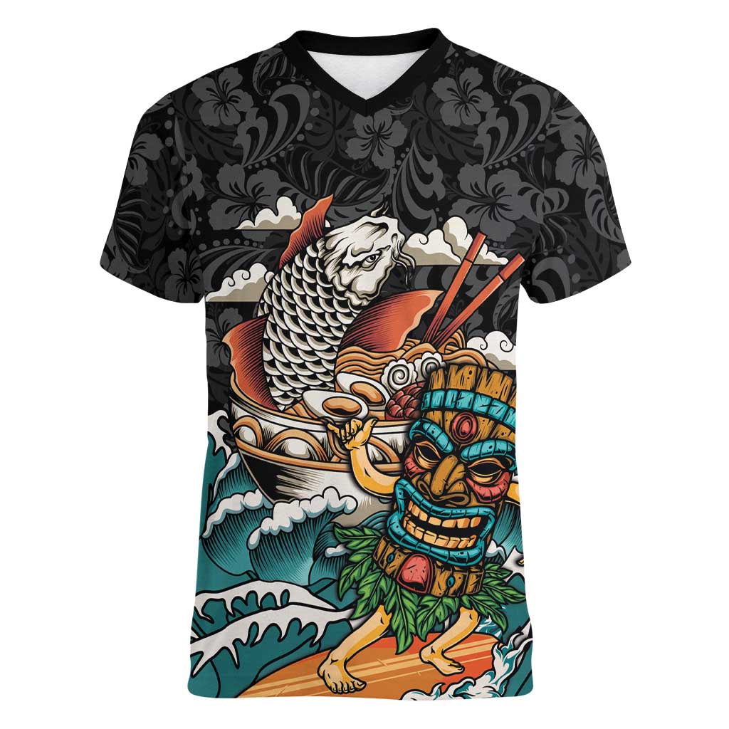 Personalized Japanese Koi Fish Ramen Women V-Neck T-Shirt Tiki Surfing Wagara Hibiscus Pattern - Wonder Print Shop