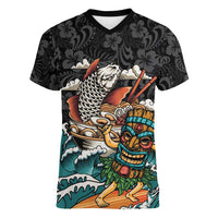Personalized Japanese Koi Fish Ramen Women V-Neck T-Shirt Tiki Surfing Wagara Hibiscus Pattern - Wonder Print Shop