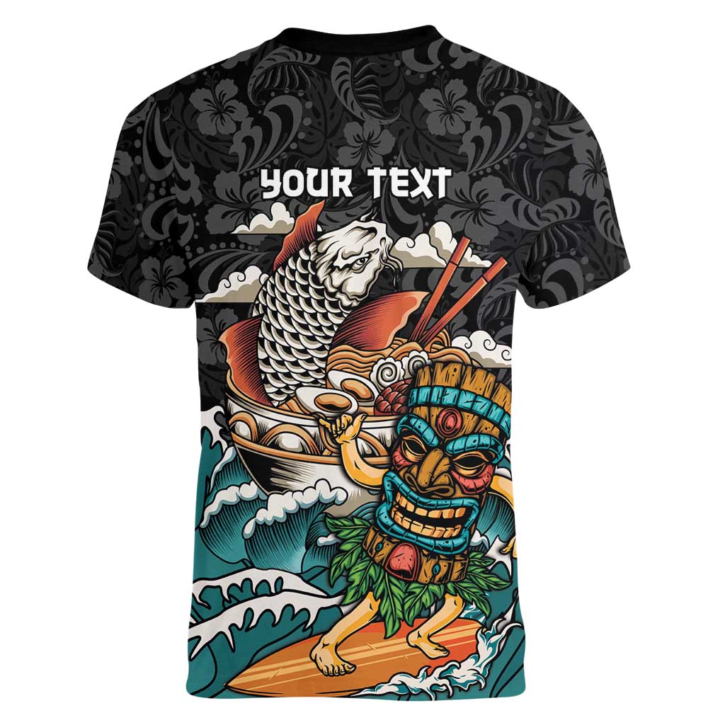 Personalized Japanese Koi Fish Ramen Women V-Neck T-Shirt Tiki Surfing Wagara Hibiscus Pattern - Wonder Print Shop
