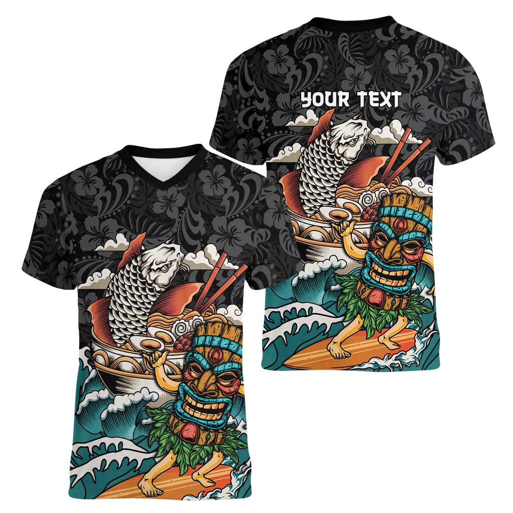 Personalized Japanese Koi Fish Ramen Women V-Neck T-Shirt Tiki Surfing Wagara Hibiscus Pattern - Wonder Print Shop