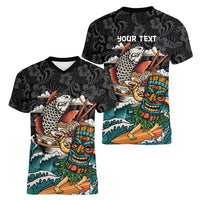 Personalized Japanese Koi Fish Ramen Women V-Neck T-Shirt Tiki Surfing Wagara Hibiscus Pattern - Wonder Print Shop