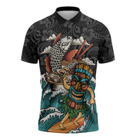 Personalized Japanese Koi Fish Ramen Zipper Polo Shirt Tiki Surfing Wagara Hibiscus Pattern - Wonder Print Shop