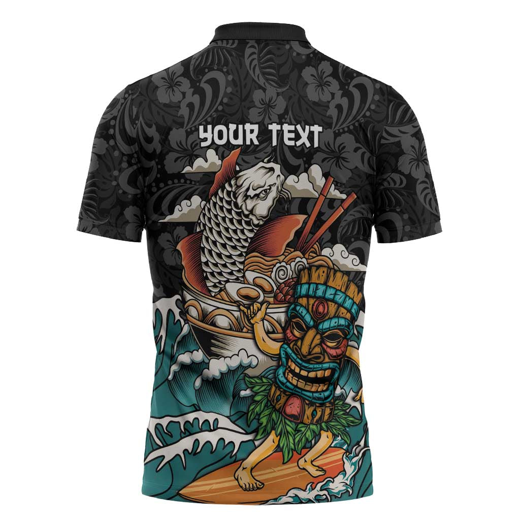 Personalized Japanese Koi Fish Ramen Zipper Polo Shirt Tiki Surfing Wagara Hibiscus Pattern - Wonder Print Shop