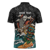 Personalized Japanese Koi Fish Ramen Zipper Polo Shirt Tiki Surfing Wagara Hibiscus Pattern - Wonder Print Shop