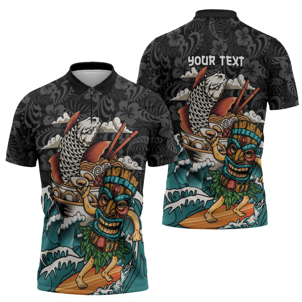 Personalized Japanese Koi Fish Ramen Zipper Polo Shirt Tiki Surfing Wagara Hibiscus Pattern - Wonder Print Shop