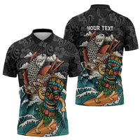 Personalized Japanese Koi Fish Ramen Zipper Polo Shirt Tiki Surfing Wagara Hibiscus Pattern - Wonder Print Shop
