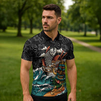 Personalized Japanese Koi Fish Ramen Zipper Polo Shirt Tiki Surfing Wagara Hibiscus Pattern - Wonder Print Shop