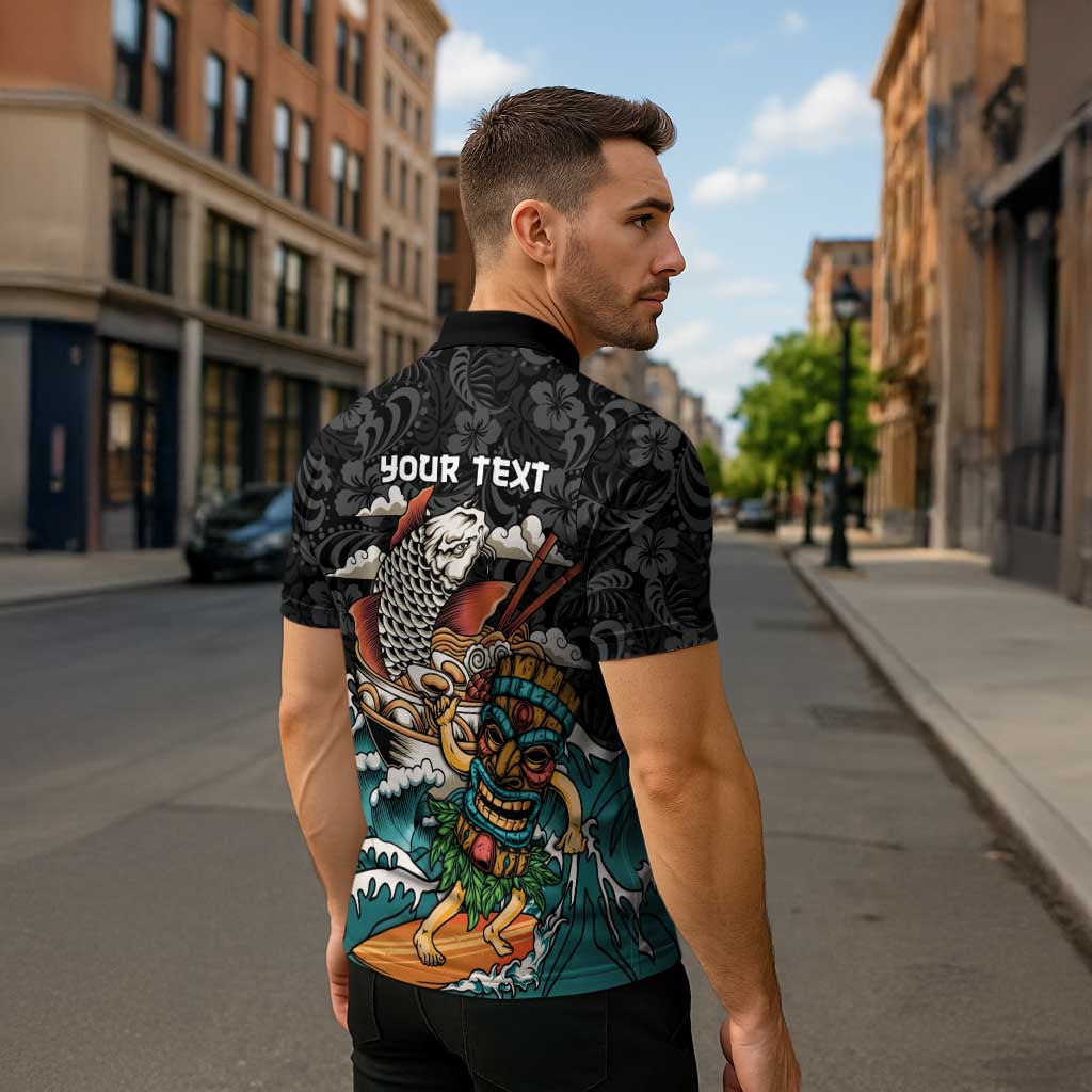 Personalized Japanese Koi Fish Ramen Zipper Polo Shirt Tiki Surfing Wagara Hibiscus Pattern - Wonder Print Shop