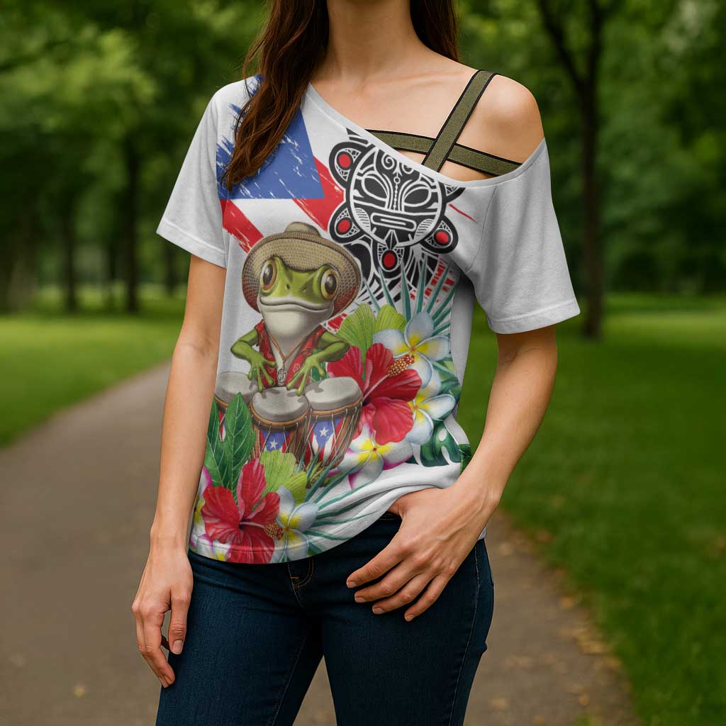 Coqui Frog Puerto Rico Cross Shoulder Shirt No No Suelte La Bandera