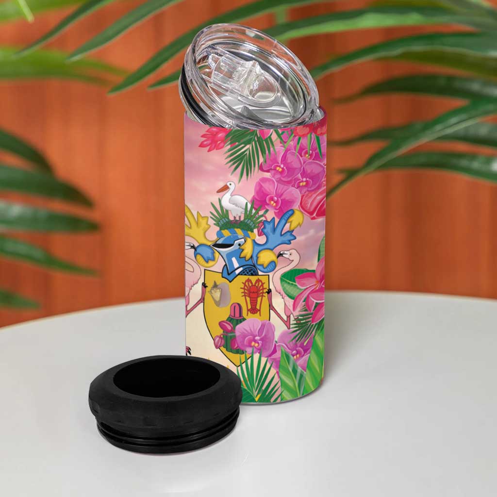 Turks And Caicos Islands 4 in 1 Can Cooler Tumbler Flamingos Tropical Beauty Beach