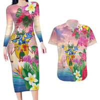 Turks And Caicos Islands Couples Matching Long Sleeve Bodycon Dress and Hawaiian Shirt Flamingos Tropical Beauty Beach