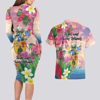 Turks And Caicos Islands Couples Matching Long Sleeve Bodycon Dress and Hawaiian Shirt Flamingos Tropical Beauty Beach