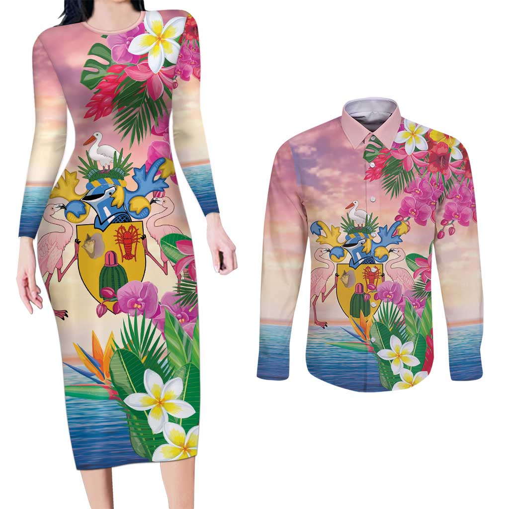 Turks And Caicos Islands Couples Matching Long Sleeve Bodycon Dress and Long Sleeve Button Shirt Flamingos Tropical Beauty Beach