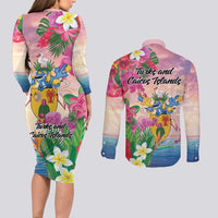 Turks And Caicos Islands Couples Matching Long Sleeve Bodycon Dress and Long Sleeve Button Shirt Flamingos Tropical Beauty Beach