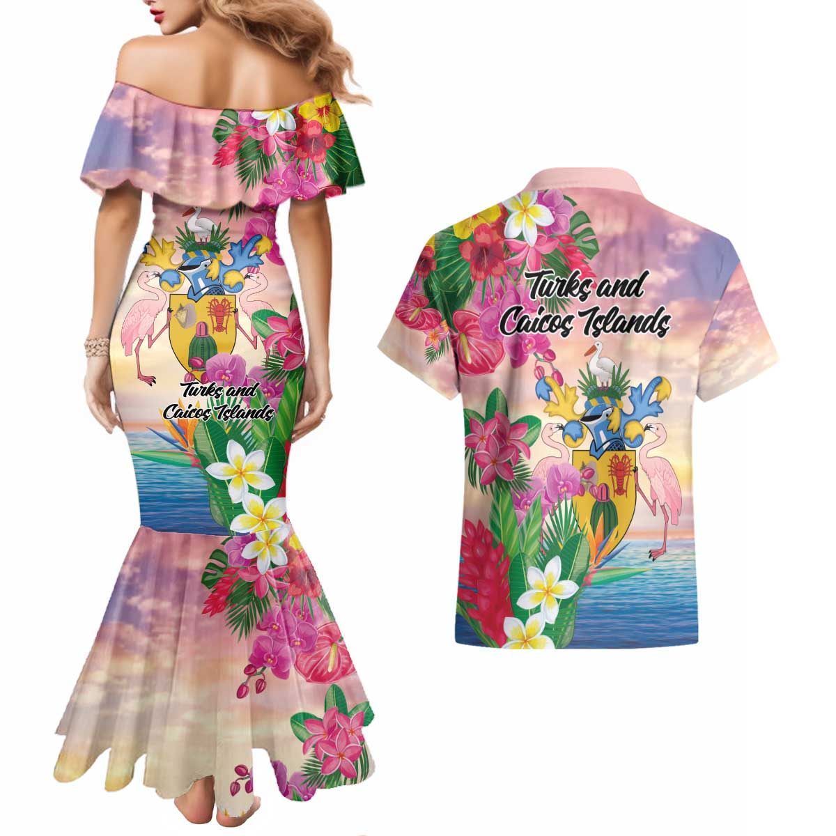 Turks And Caicos Islands Couples Matching Mermaid Dress and Hawaiian Shirt Flamingos Tropical Beauty Beach