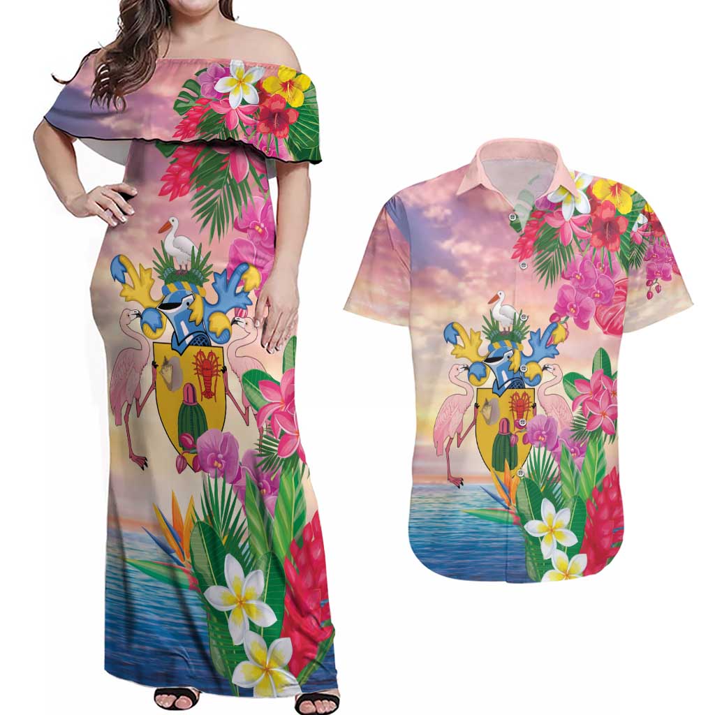 Turks And Caicos Islands Couples Matching Off Shoulder Maxi Dress and Hawaiian Shirt Flamingos Tropical Beauty Beach