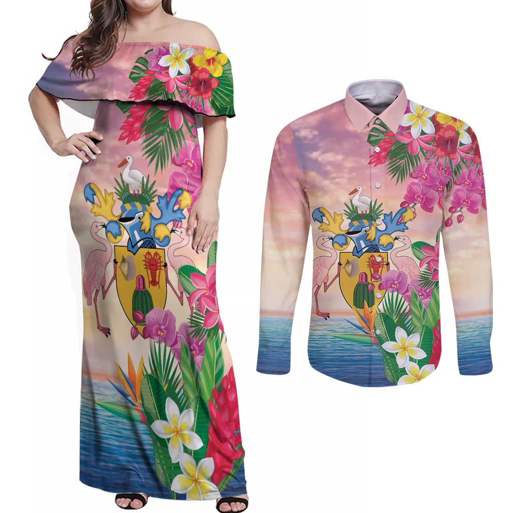 Turks And Caicos Islands Couples Matching Off Shoulder Maxi Dress and Long Sleeve Button Shirt Flamingos Tropical Beauty Beach