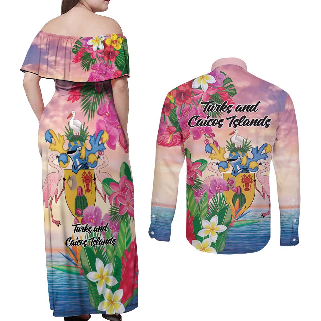 Turks And Caicos Islands Couples Matching Off Shoulder Maxi Dress and Long Sleeve Button Shirt Flamingos Tropical Beauty Beach