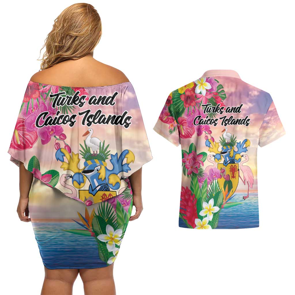 Turks And Caicos Islands Couples Matching Off Shoulder Short Dress and Hawaiian Shirt Flamingos Tropical Beauty Beach
