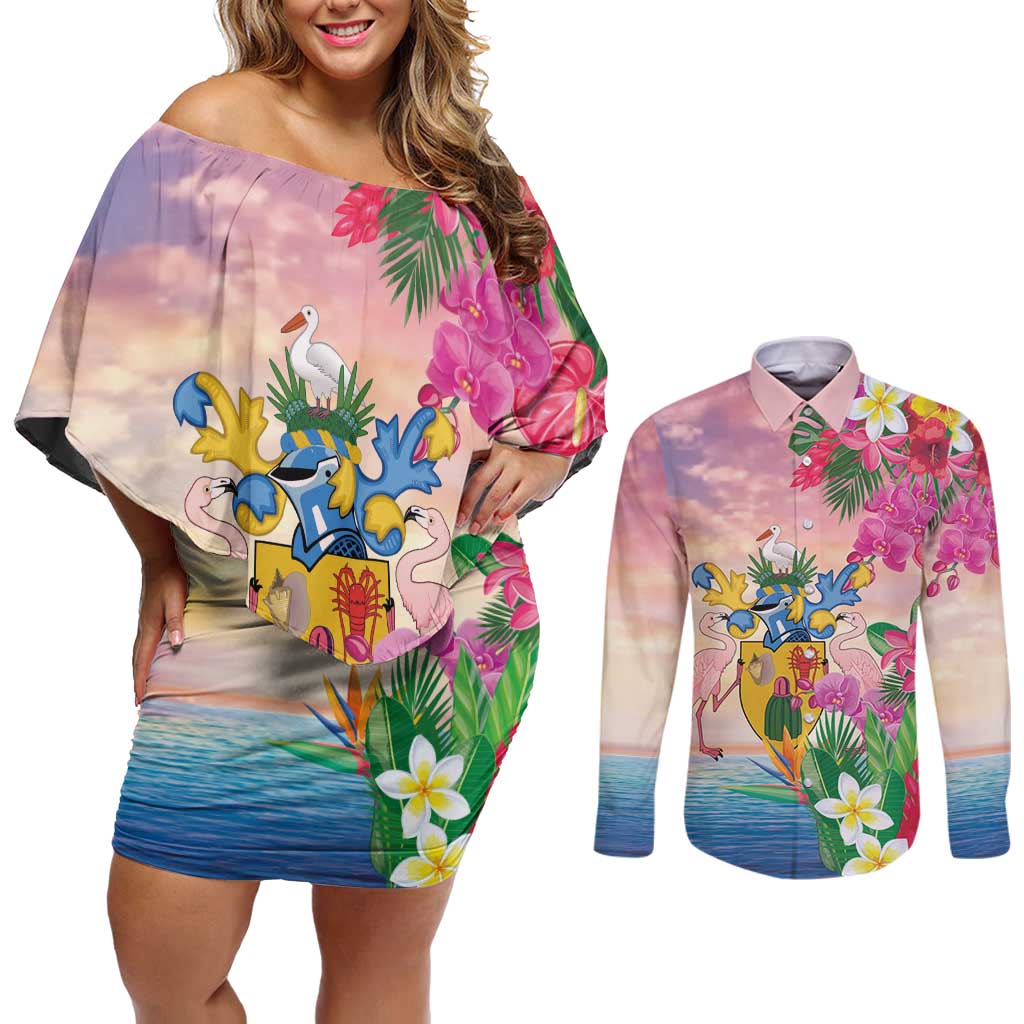 Turks And Caicos Islands Couples Matching Off Shoulder Short Dress and Long Sleeve Button Shirt Flamingos Tropical Beauty Beach