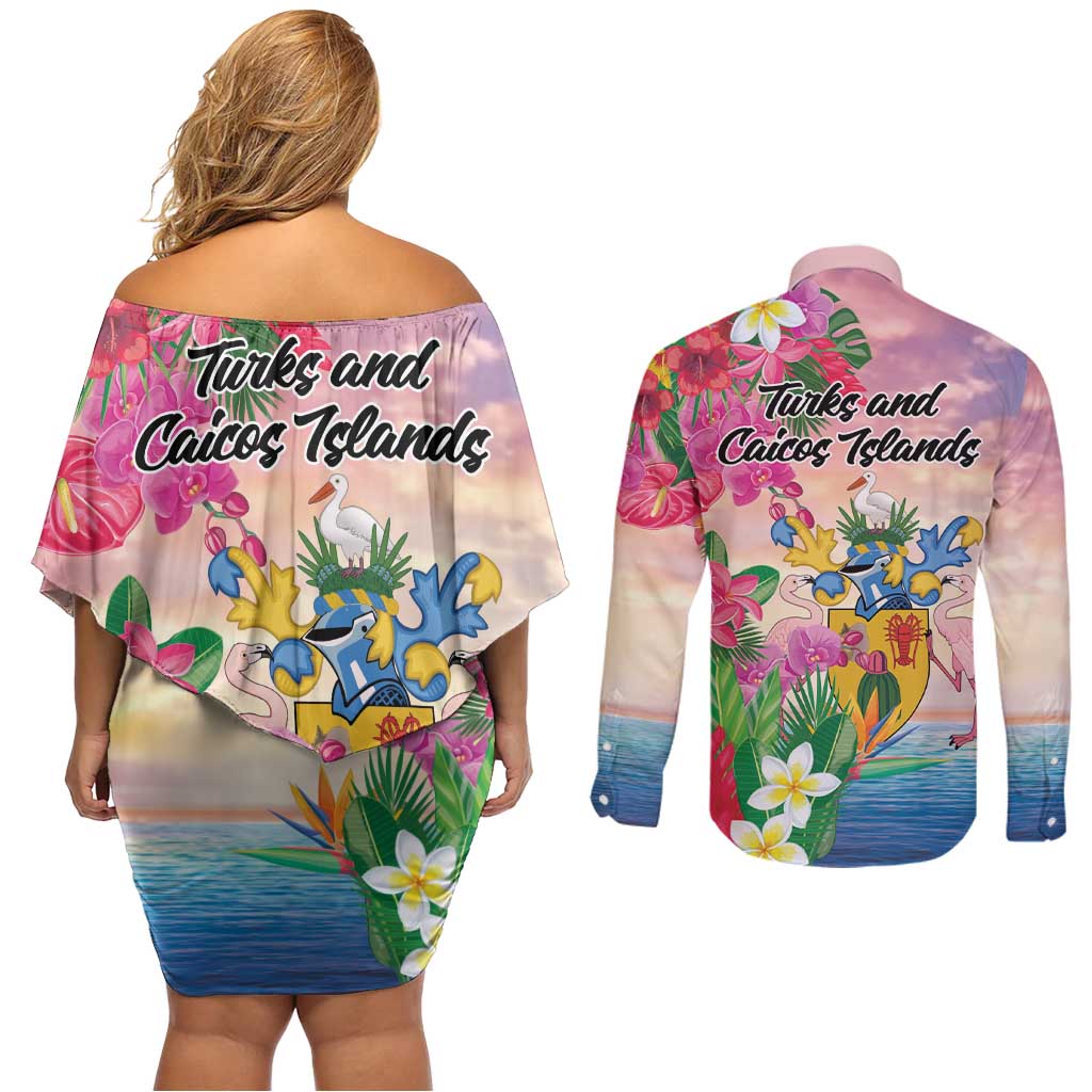 Turks And Caicos Islands Couples Matching Off Shoulder Short Dress and Long Sleeve Button Shirt Flamingos Tropical Beauty Beach