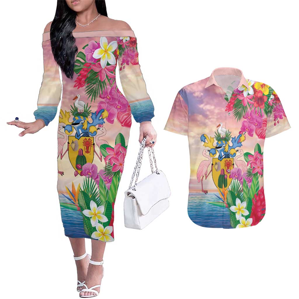 Turks And Caicos Islands Couples Matching Off The Shoulder Long Sleeve Dress and Hawaiian Shirt Flamingos Tropical Beauty Beach