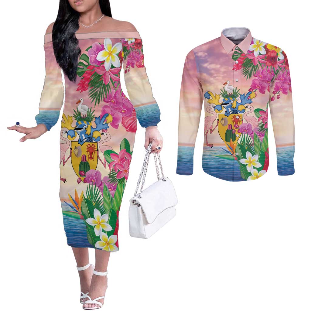 Turks And Caicos Islands Couples Matching Off The Shoulder Long Sleeve Dress and Long Sleeve Button Shirt Flamingos Tropical Beauty Beach