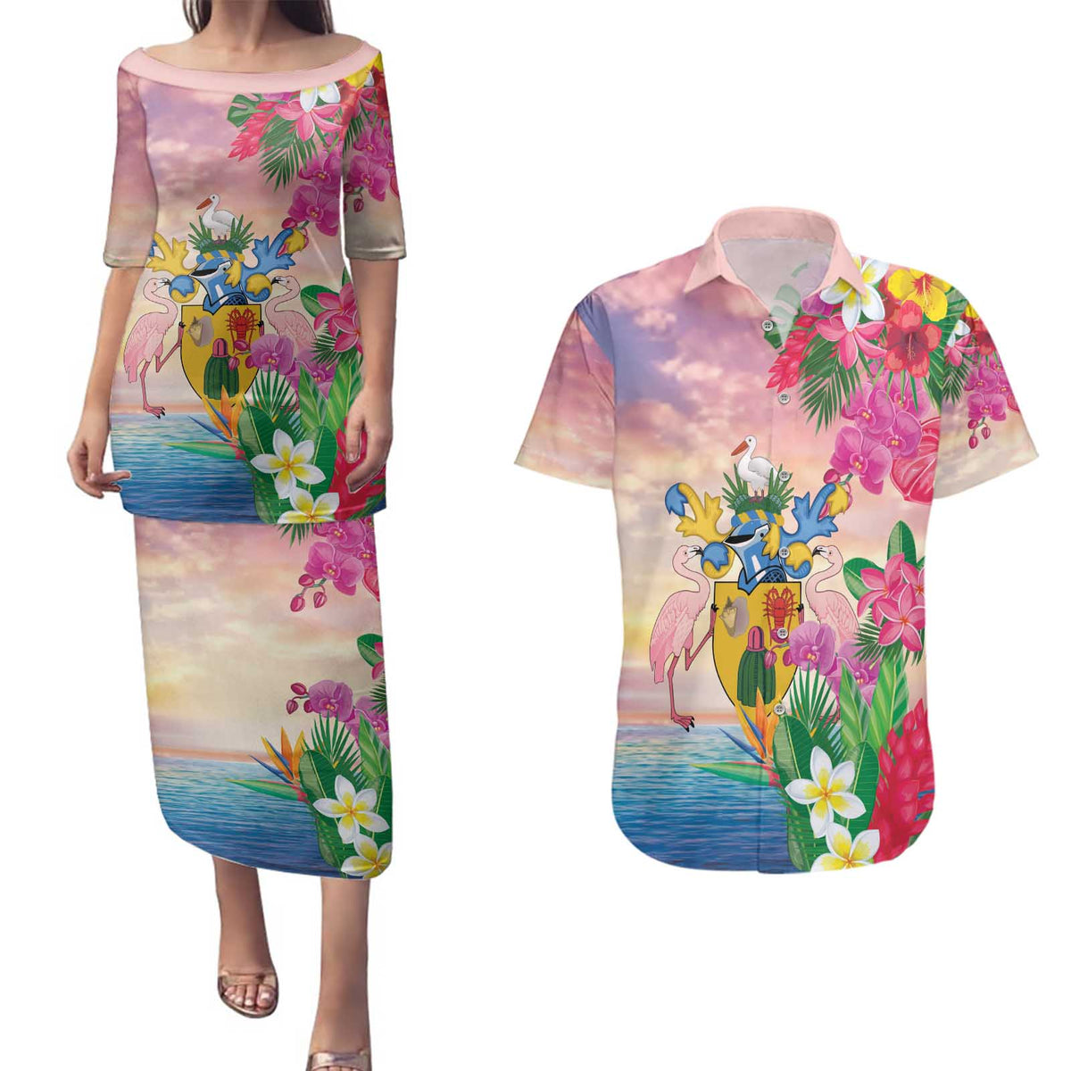 Turks And Caicos Islands Couples Matching Puletasi and Hawaiian Shirt Flamingos Tropical Beauty Beach