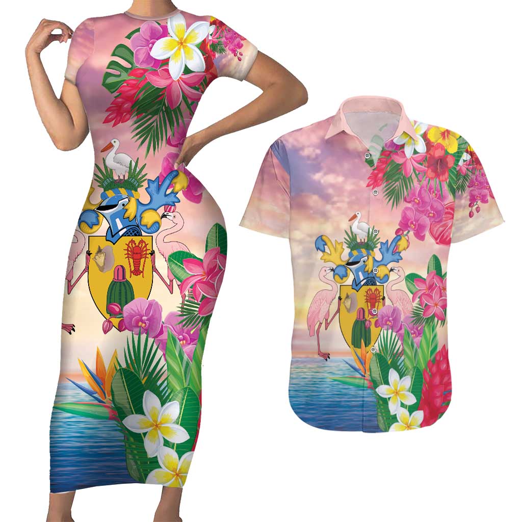 Turks And Caicos Islands Couples Matching Short Sleeve Bodycon Dress and Hawaiian Shirt Flamingos Tropical Beauty Beach