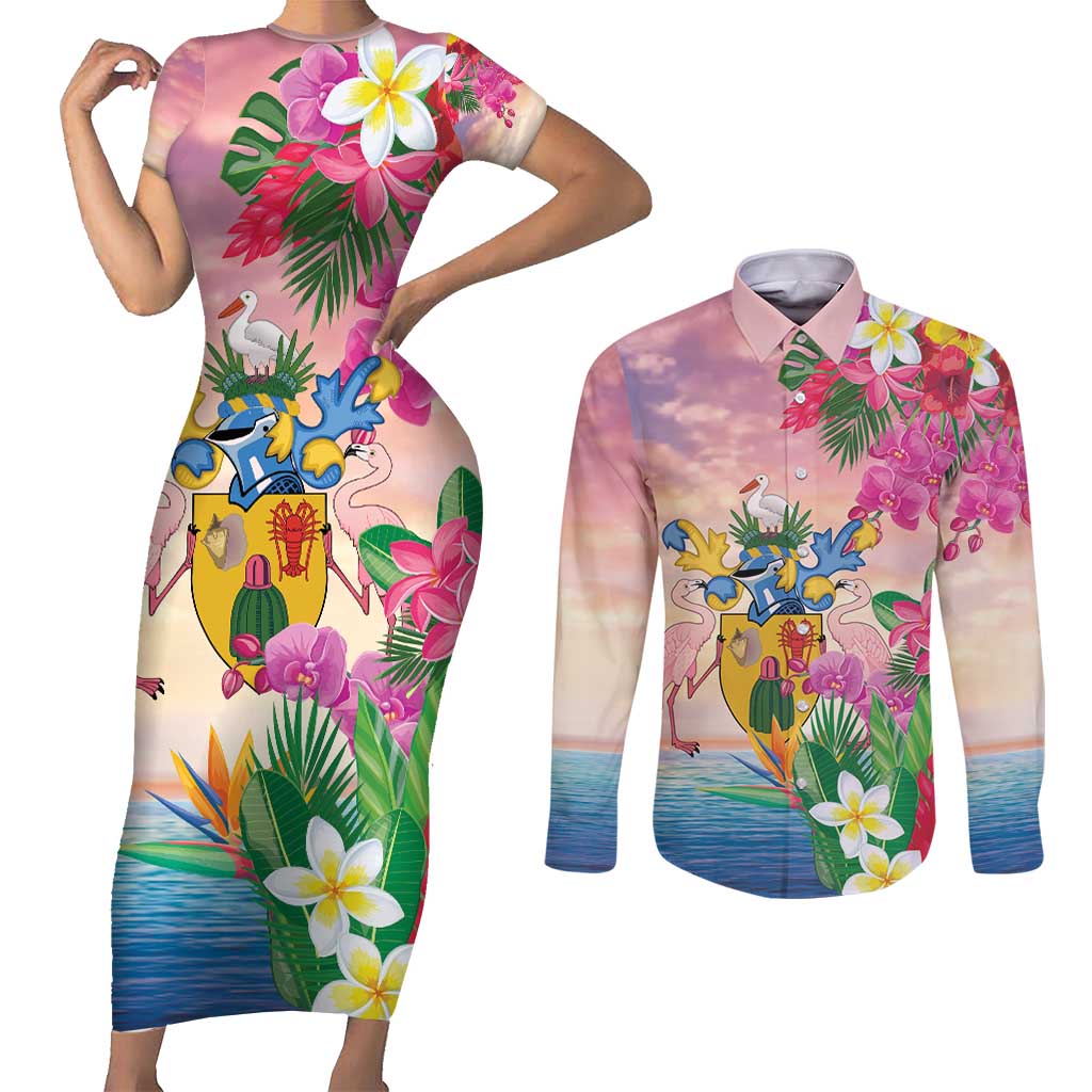 Turks And Caicos Islands Couples Matching Short Sleeve Bodycon Dress and Long Sleeve Button Shirt Flamingos Tropical Beauty Beach