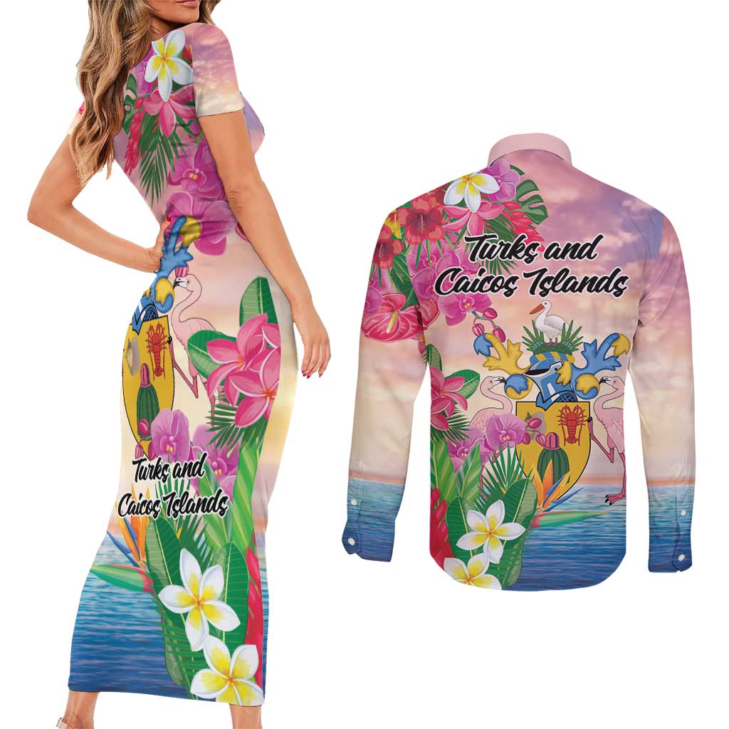 Turks And Caicos Islands Couples Matching Short Sleeve Bodycon Dress and Long Sleeve Button Shirt Flamingos Tropical Beauty Beach