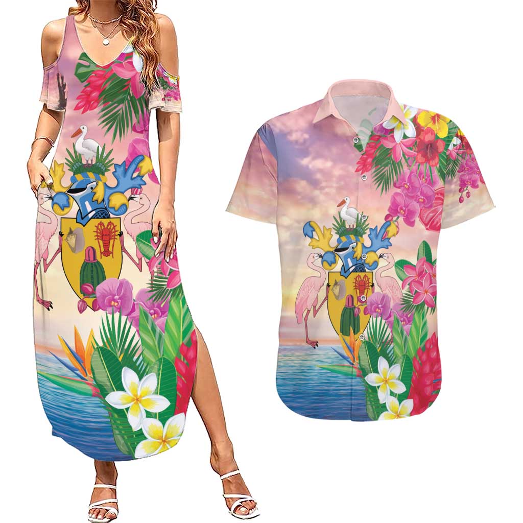 Turks And Caicos Islands Couples Matching Summer Maxi Dress and Hawaiian Shirt Flamingos Tropical Beauty Beach