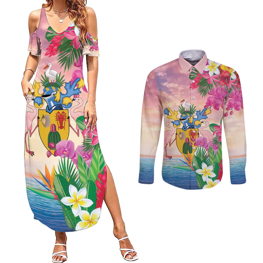 Turks And Caicos Islands Couples Matching Summer Maxi Dress and Long Sleeve Button Shirt Flamingos Tropical Beauty Beach
