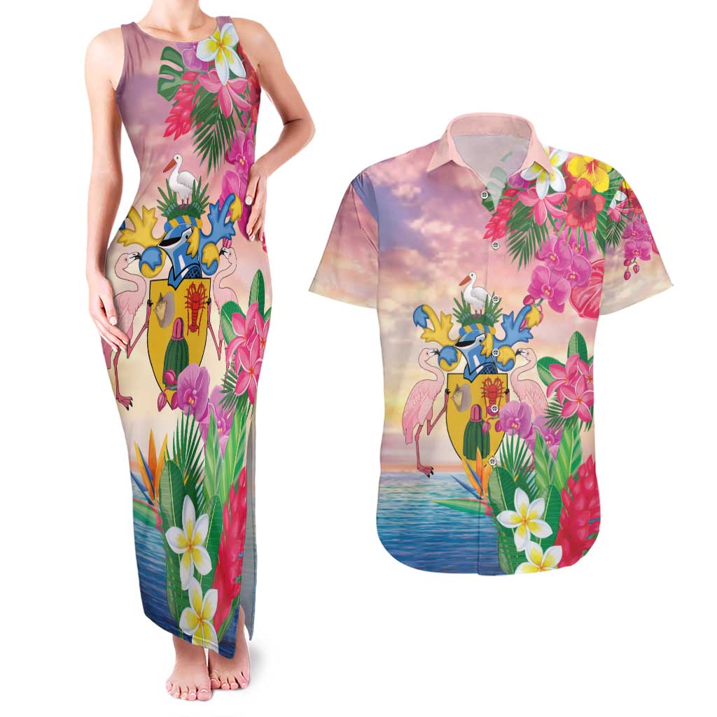 Turks And Caicos Islands Couples Matching Tank Maxi Dress and Hawaiian Shirt Flamingos Tropical Beauty Beach