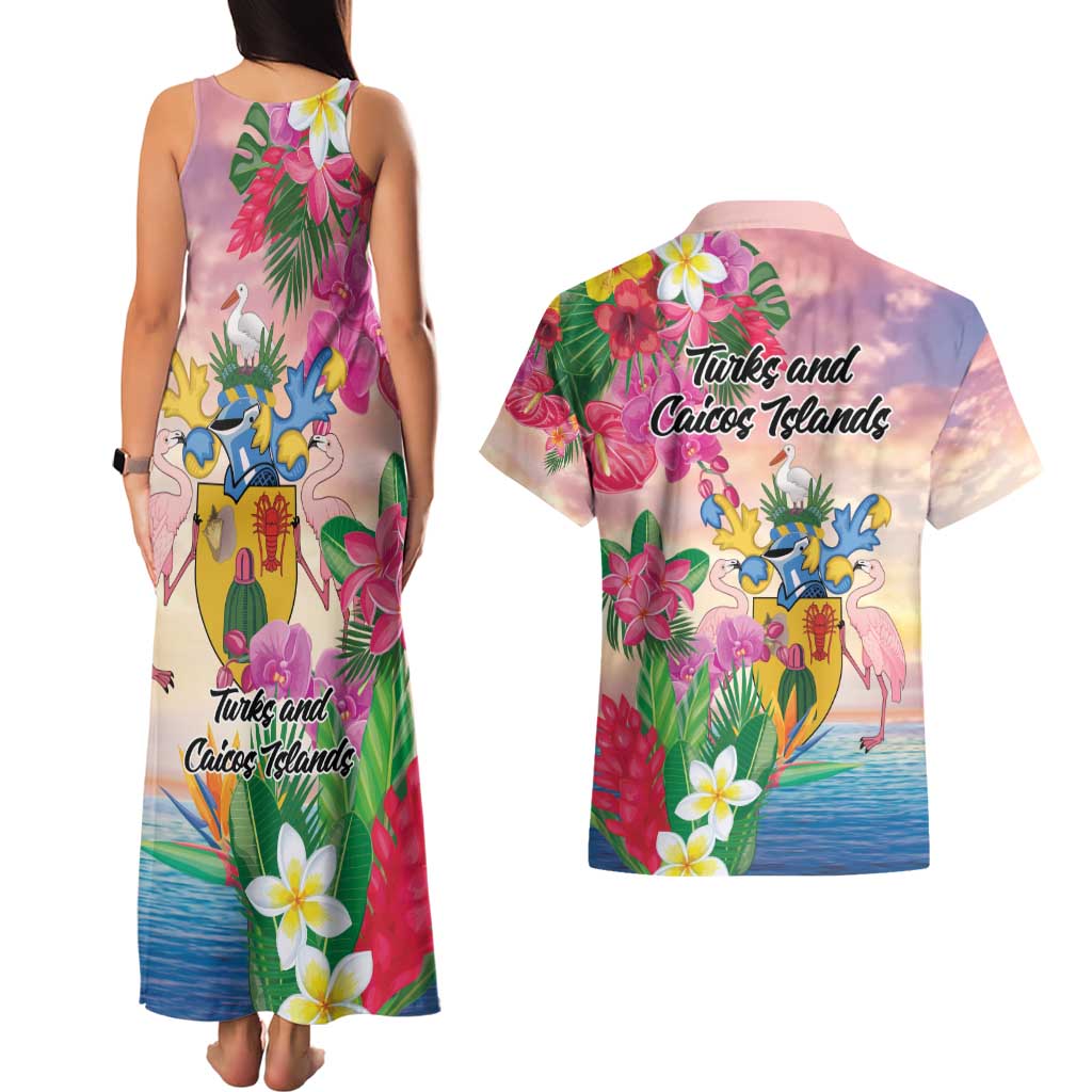 Turks And Caicos Islands Couples Matching Tank Maxi Dress and Hawaiian Shirt Flamingos Tropical Beauty Beach