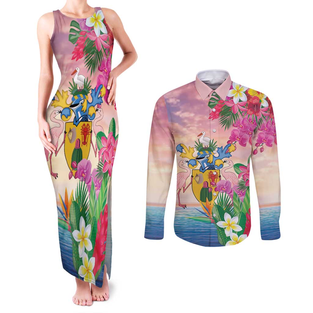 Turks And Caicos Islands Couples Matching Tank Maxi Dress and Long Sleeve Button Shirt Flamingos Tropical Beauty Beach