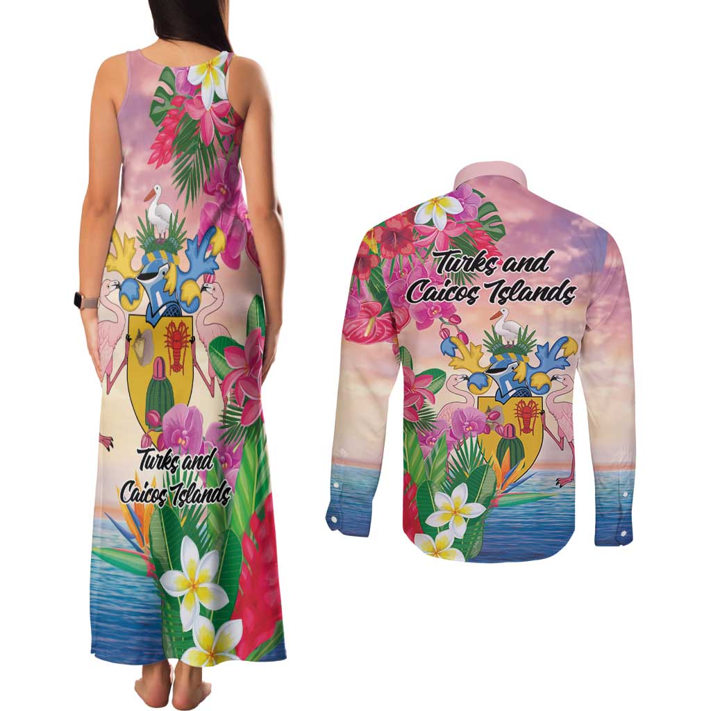 Turks And Caicos Islands Couples Matching Tank Maxi Dress and Long Sleeve Button Shirt Flamingos Tropical Beauty Beach