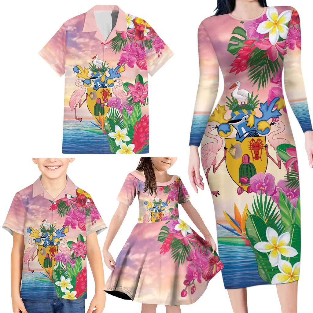Turks And Caicos Islands Family Matching Long Sleeve Bodycon Dress and Hawaiian Shirt Flamingos Tropical Beauty Beach