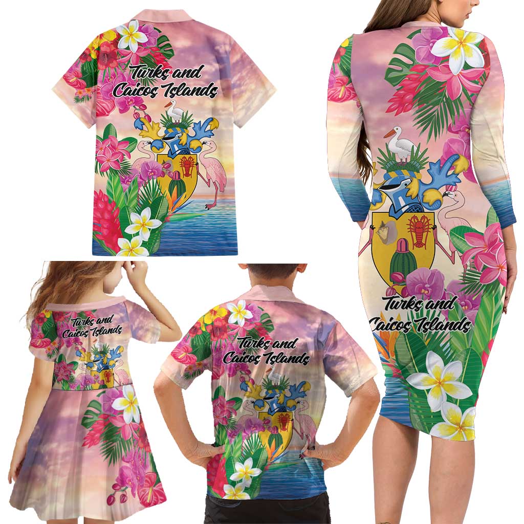 Turks And Caicos Islands Family Matching Long Sleeve Bodycon Dress and Hawaiian Shirt Flamingos Tropical Beauty Beach