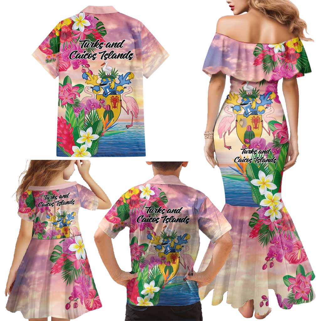 Turks And Caicos Islands Family Matching Mermaid Dress and Hawaiian Shirt Flamingos Tropical Beauty Beach