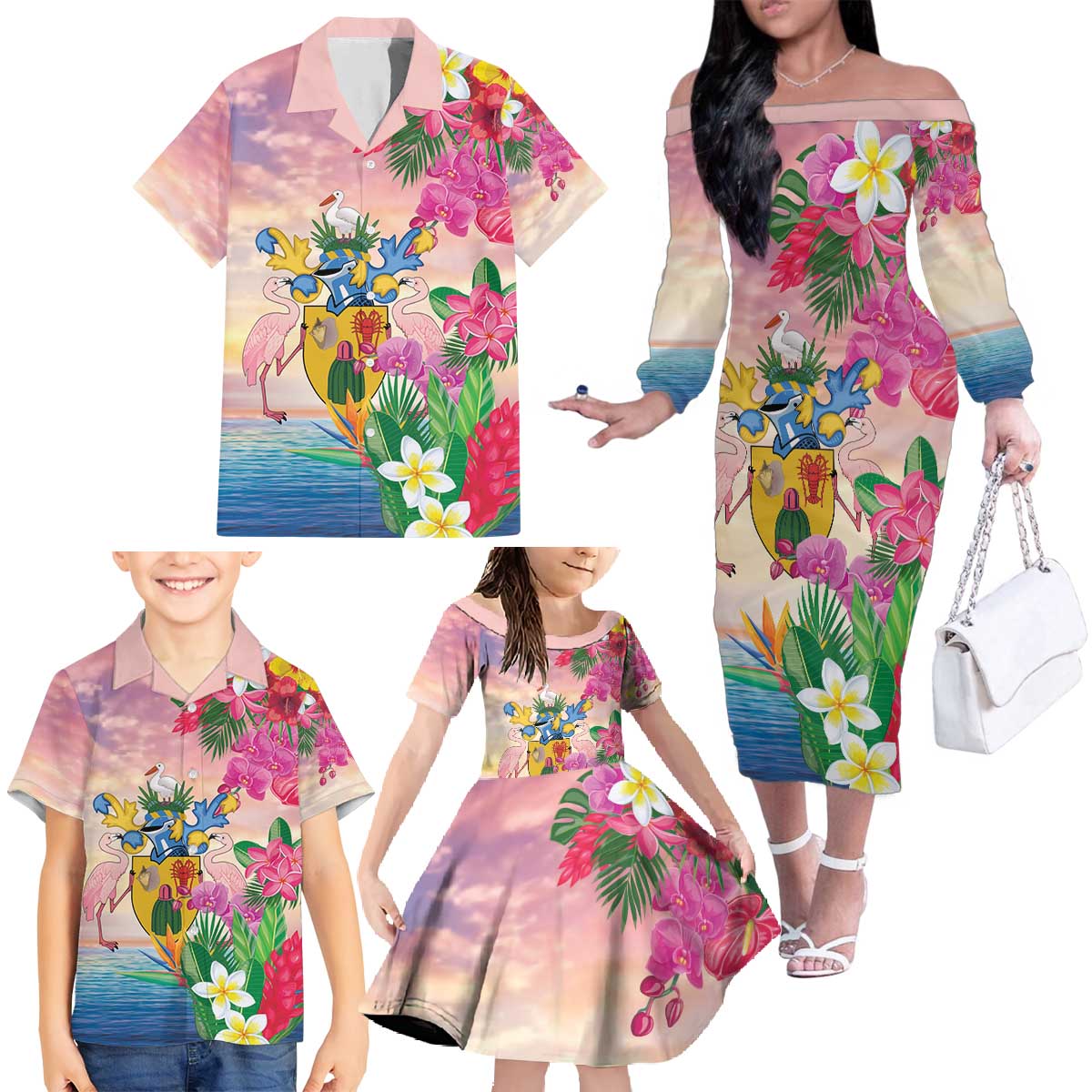 Turks And Caicos Islands Family Matching Off The Shoulder Long Sleeve Dress and Hawaiian Shirt Flamingos Tropical Beauty Beach