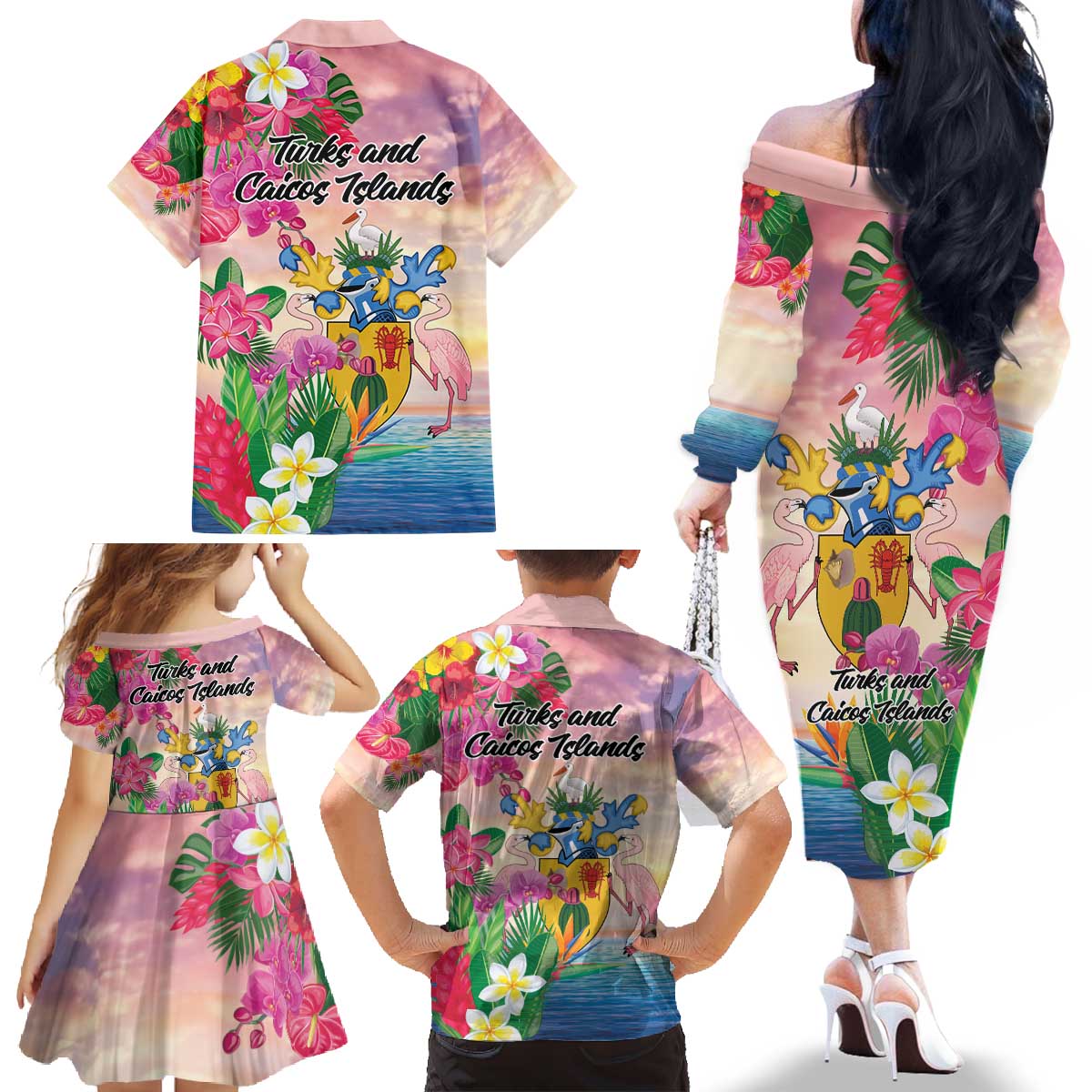 Turks And Caicos Islands Family Matching Off The Shoulder Long Sleeve Dress and Hawaiian Shirt Flamingos Tropical Beauty Beach