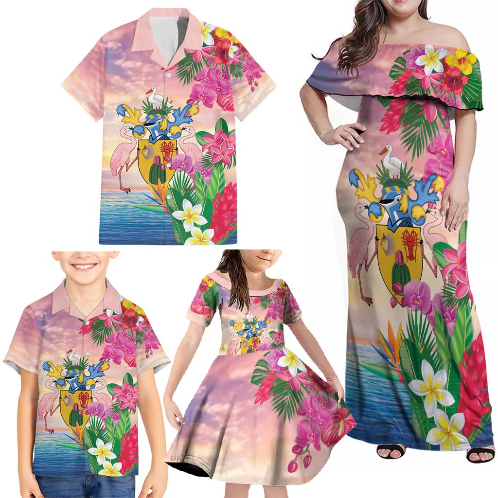 Turks And Caicos Islands Family Matching Off Shoulder Maxi Dress and Hawaiian Shirt Flamingos Tropical Beauty Beach