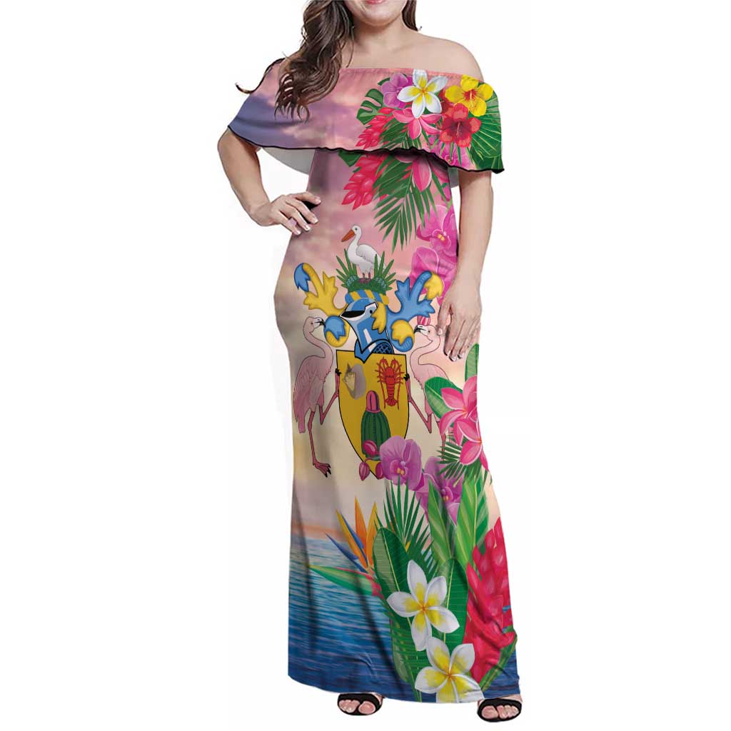 Turks And Caicos Islands Family Matching Off Shoulder Maxi Dress and Hawaiian Shirt Flamingos Tropical Beauty Beach